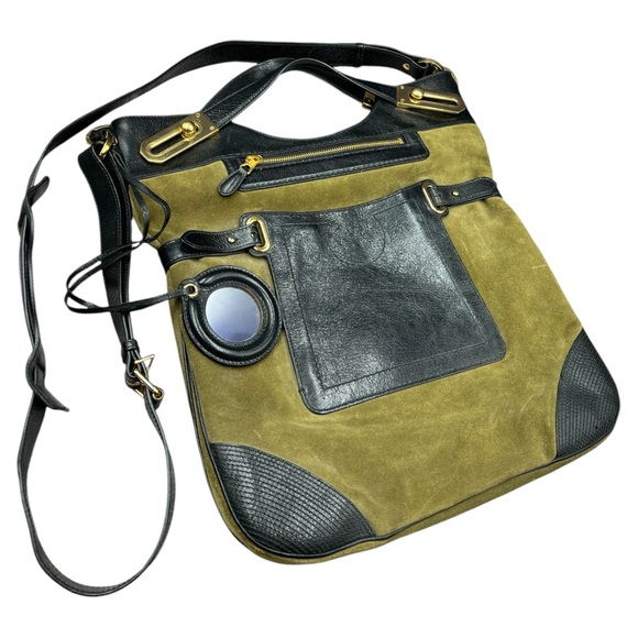 BALENCIAGA PARIS Army Green Suede Black Leather Tote Bag Purse Crossbody w/ Tag - Picture 1 of 16